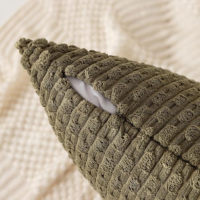 Kevin Textile 2 Packs Olive Green Euro Farmhouse Decorative Throw Pillow Covers 26x26 Inch for Living Room Couch Bed Sofa Rustic Boho Home Decor Soft Striped Corduroy Square Cushion Case 66x66 cm