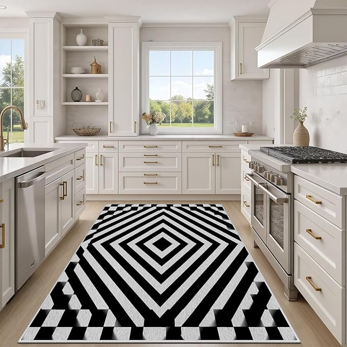 Black and White Rug 6x9, Checkered Soft Thin Indoor Floor Mats Carpet, Non-Slip Stain Resistant Washable Rugs, Modern Rhombus Geometric Rugs for Living Room, Farmhouse Rug