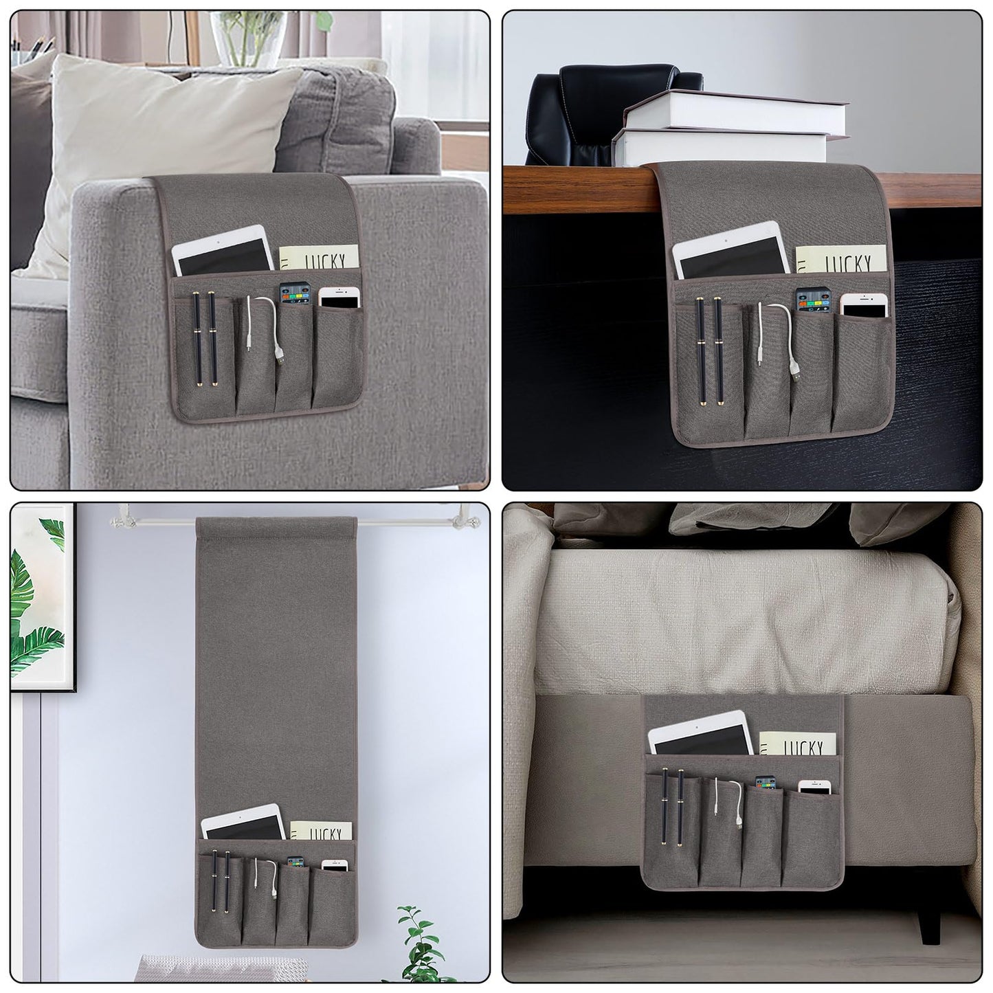 NB Remote Control Holder，Bedside & Armchair & Couch Caddy with Non-Slip Base，5 Pockets Oxford Fabric Bed Desk Storage Pocket for Phone Tablet Kindle Magazines，Gifts for Seniors (Dark Grey, 35"X12.4")