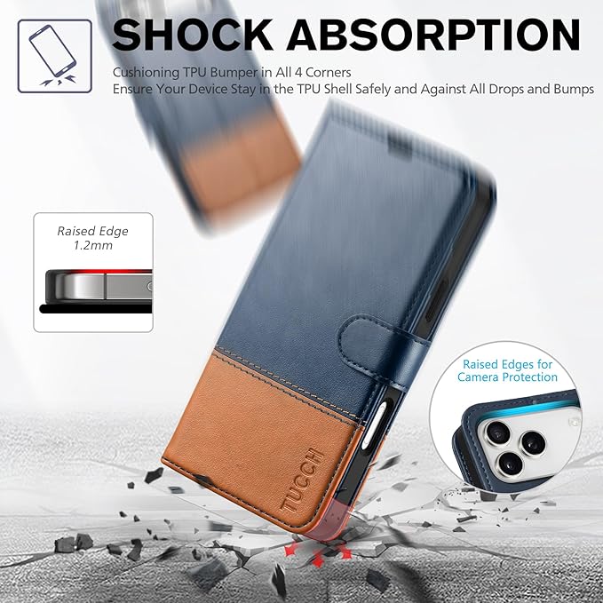 TUCCH Wallet Case for iPhone 17 Pro Max (6.9") 2025, 4 Card Holders, RFID Blocking, Stand, Shockproof TPU Shell, PU Leather, Magnetic Closure, Protective Flip Folio Cover, Blue & Brown
