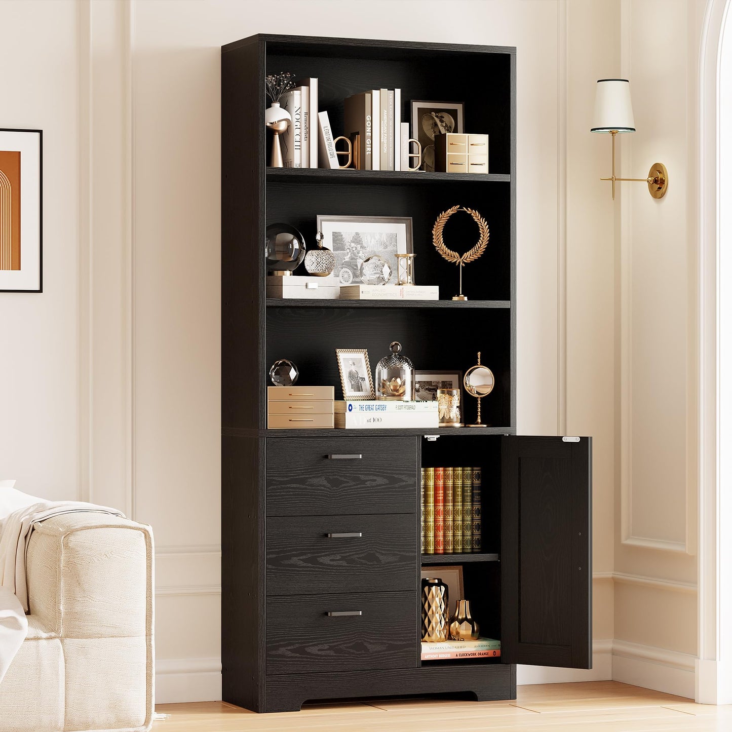 IRONCK Bookshelf with Doors and 3 Drawers 71 in Tall Bookcase with 3-Tier Shelves, Industrial Book Shelf with Storage for Living Room Entrance Hallway Home Office, Black