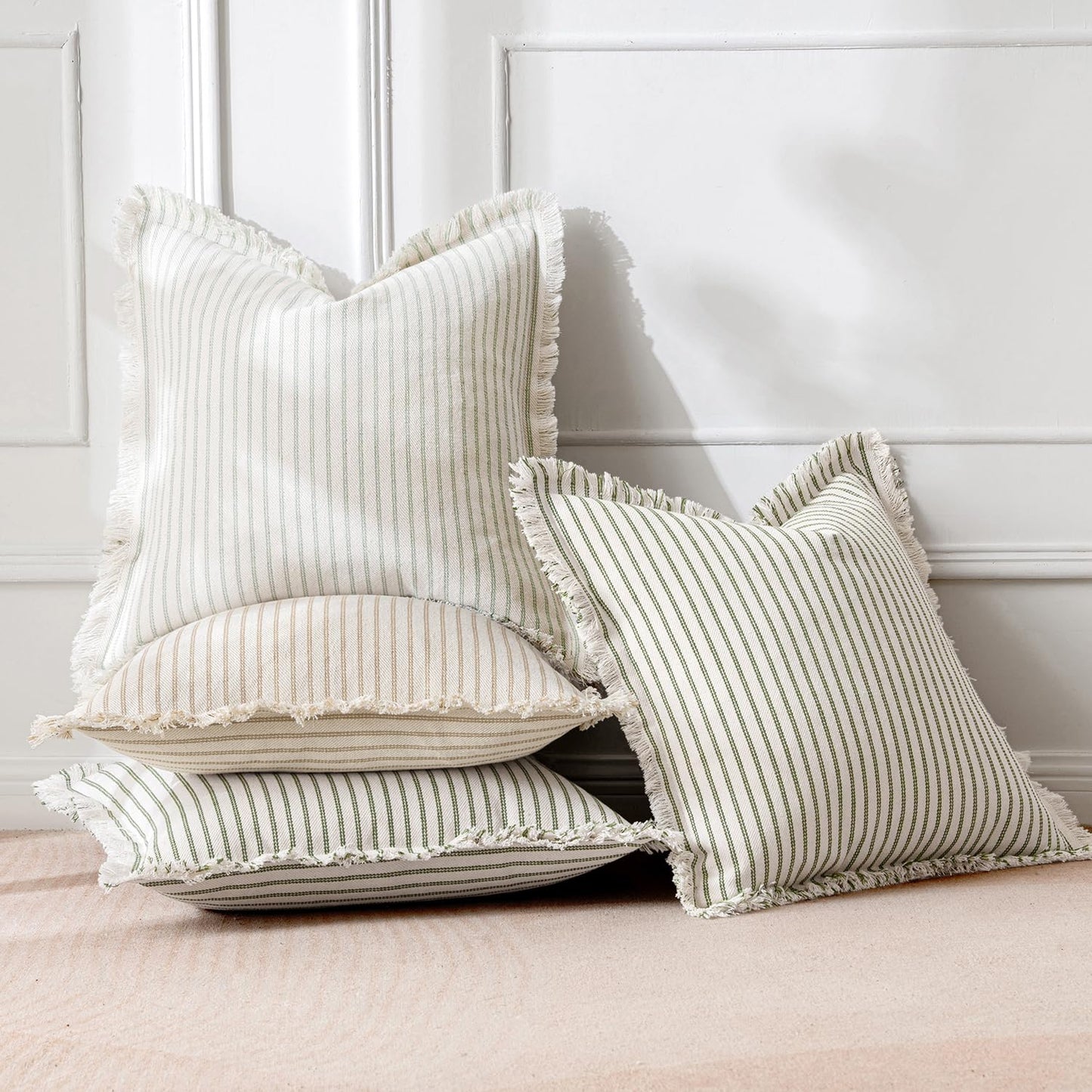 MIULEE Pack of 2 Olive Green Christmas Pillow Covers 20x20 Inch Striped Farmhouse Couch Spring Throw Pillow Covers with Fringe Chic Linen Decorative Cushion Covers for Sofa Living Room Bed Home Decor