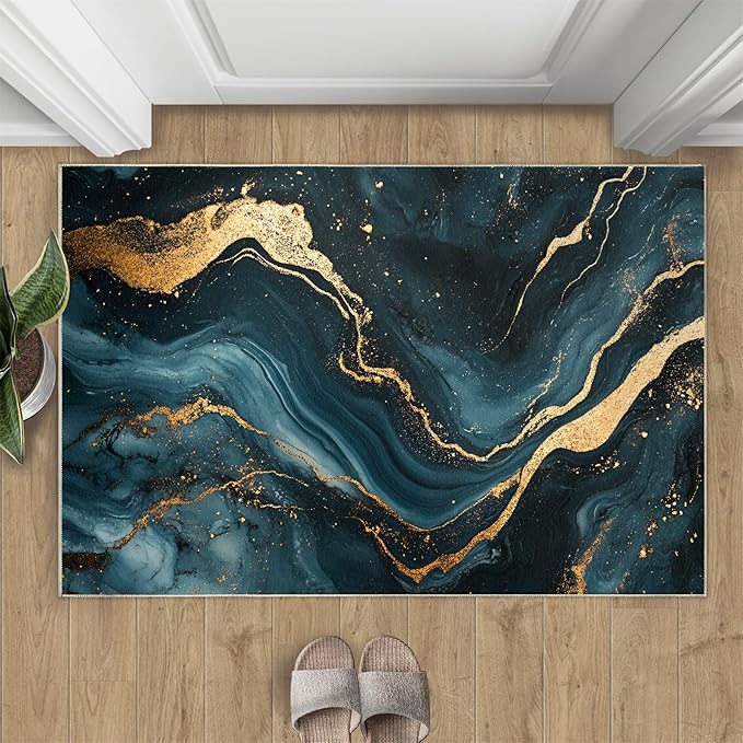Marble Washable Area Rugs 6x9 Non-Slip Fluid Art Living Room Rug Gold Lines Soft for Carpet Low Pile Indoor Door Mat & Room Decor