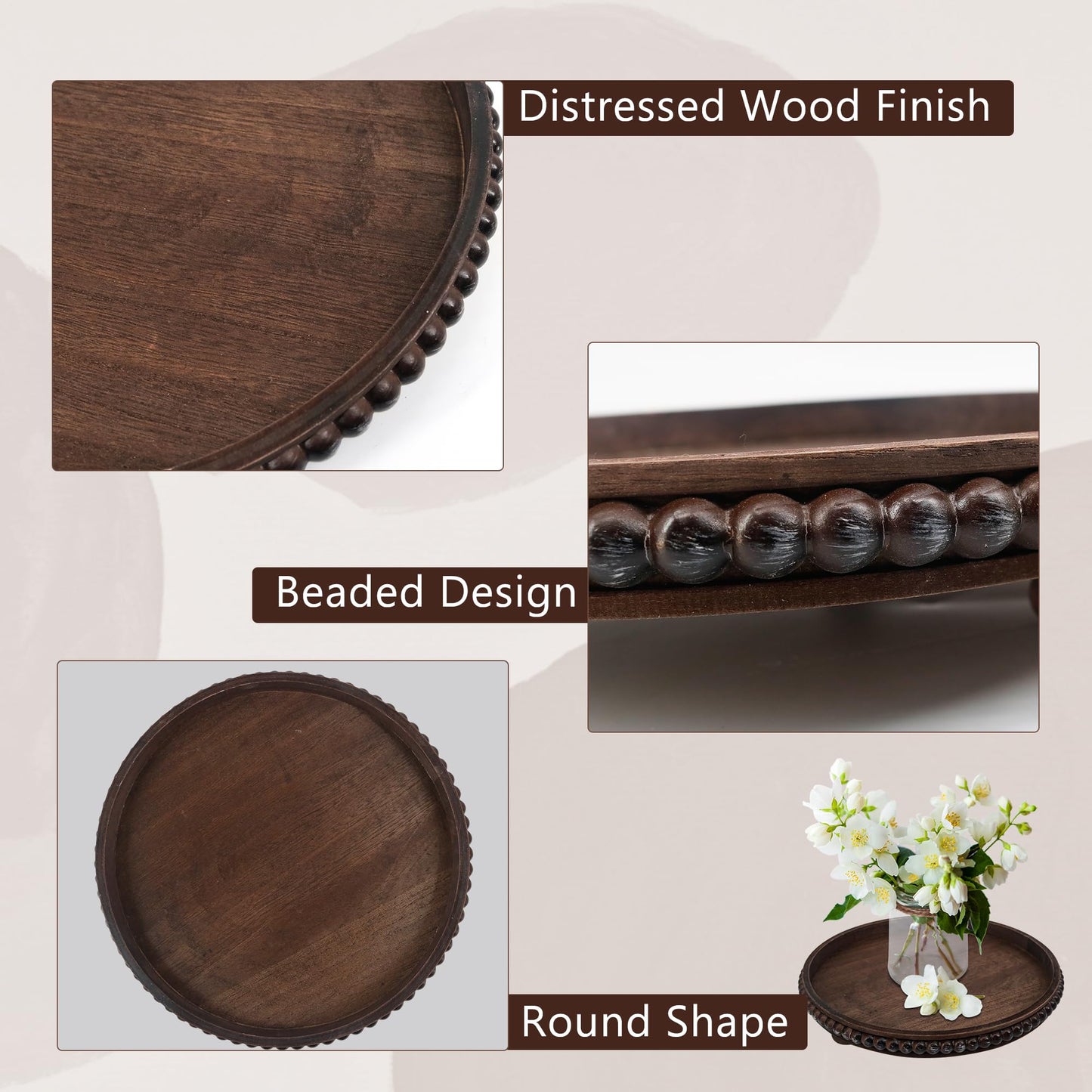 Hodeframe Wooden Serving Tray: 12in Brown Round Wood Butler Decorative Tray Candle Holder Trays Centerpiece Farmhouse Ottoman Tray for Decor Countertop Home Decor Accessories for Coffee Table
