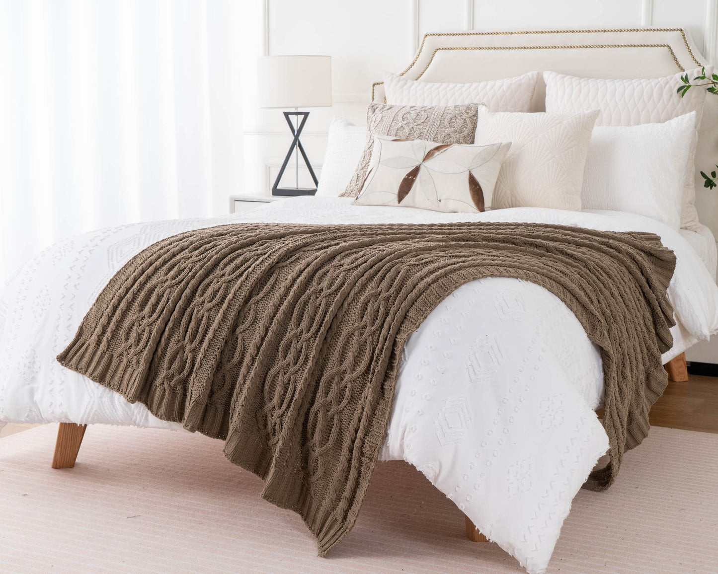 Battilo Camel Tan Throw Blanket for Couch,51"x67", Cable Chenille Knitted Throw Blankets for Bed, Sofa, Chair,Living Room, Soft Cozy Thick Warm Decorative Textured Blanket.