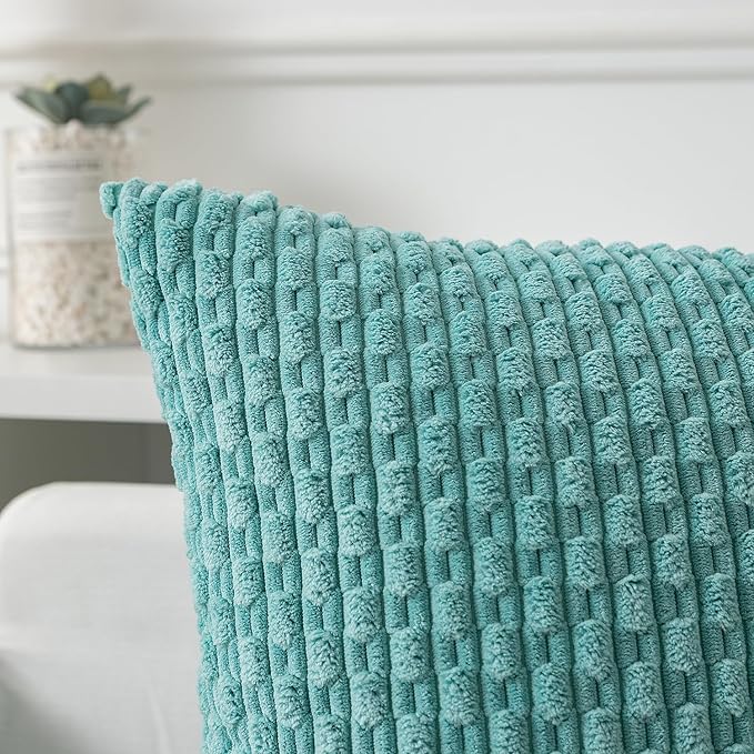 Kevin Textile Throw Pillow Covers Soft Corduroy Decorative Set of 2 Boho Striped Pillow Covers Pillowcases Farmhouse Home Decor for Couch Bed Sofa Living Room 20x20 Inch Aqua Green