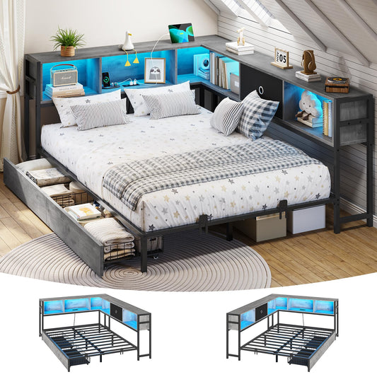 DICTAC Corner Full Bed Frame with Bookcase Storage and Led Lights Full Size Metal Platform Bed Frame with Storage Drawers & Charging Station Full Daybed for Living Room,Bedroom,Guest Room,Oak Gray