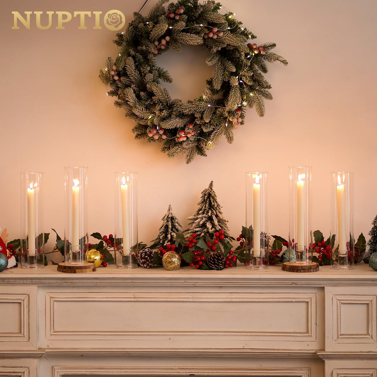 NUPTIO Hurricane Glass Candle Holders: Set of 2 Candlestick Holder with Cylinder Covers 11.8 inch Tall Windproof Clear Taper Candle Stand for Fall Thanksgiving Christmas Decor