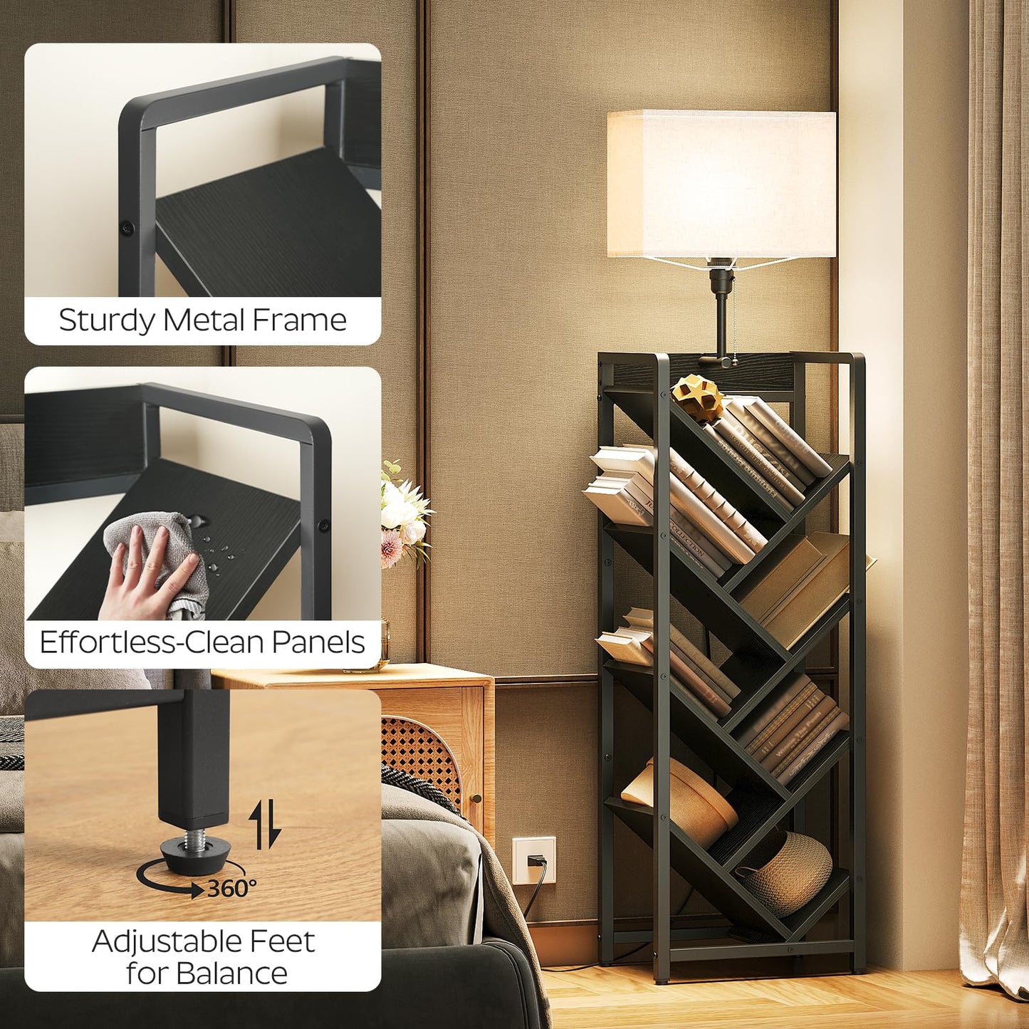 YATINEY Tree Bookshelf with Light, 6-Tier Book Shelf, Wooden Bookcase for Narrow Space, Floor Standing Tall Bookshelf, Modern Corner Display Shelf, Black SJ08DBB