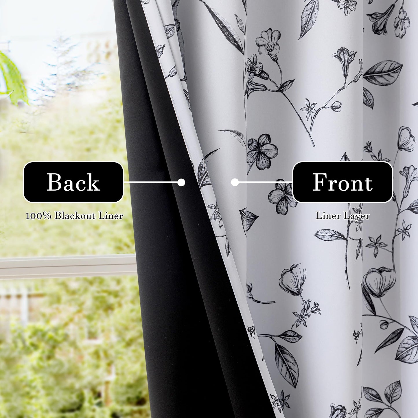 ChrisDowa 100% Blackout Floral Curtains 84 Inches Long 2 Panels for Bedroom Living Room Black Flower Patterned Room Darkening Thermal Insulated Soundproof Grommet Window Treatments Drapes,52X84