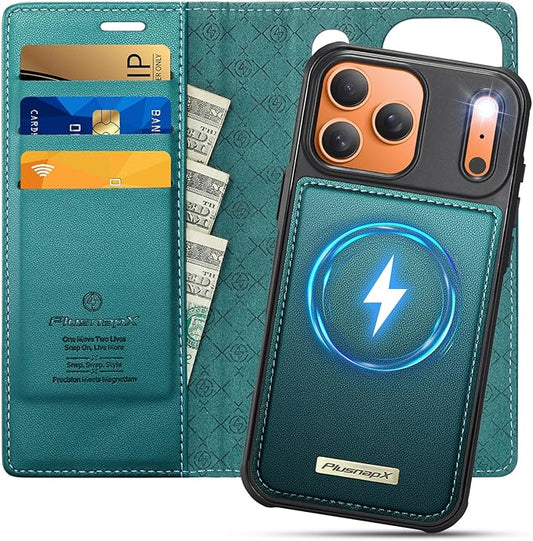 PlusnapX Wallet Case for iPhone 17 Pro Max Compatible with Magsafe, 2-in-1 PU Leather Flip RFID Blocking Card Holder Stand Shockproof Magnetic Detachable Cover for iPhone 17 Pro Max 6.9", Bluegreen
