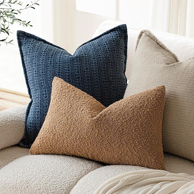 Foindtower Textured Boucle Throw Pillow Covers Accent Solid Lumbar Pillow Cases Cozy Soft Decorative Couch Cushion Case for Chair Sofa Bedroom Living Room Home Decor, 12 x 20 Inch,Tobacco