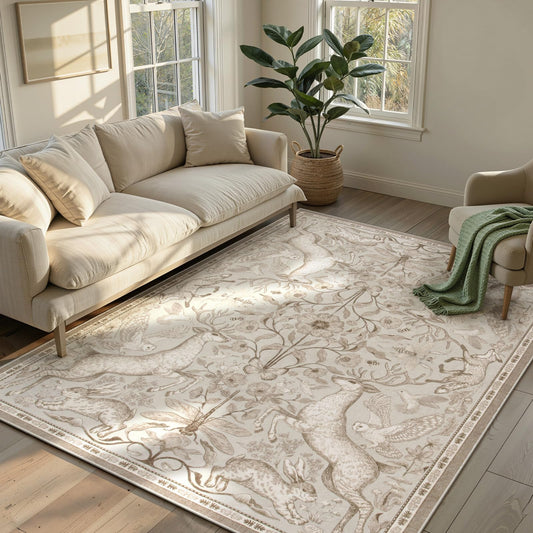 Lahome 5x7 Washable Area Rugs, Dorval Boho Deer Rugs for Living Room, Neutral Botanical Non Slip Low Pile Soft Carpet for Bedroom Dining Room Nursery Office Home Decor Beige
