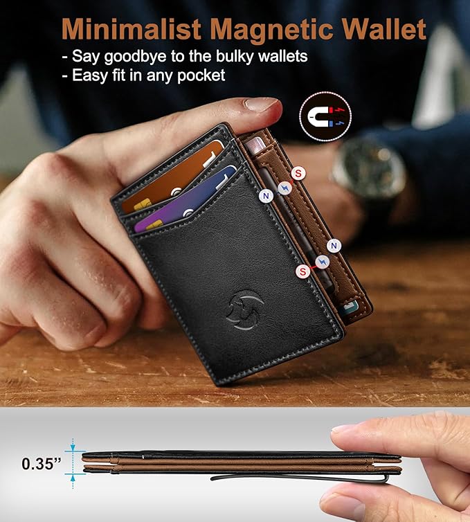 Housmai Magnetic Closure Slim Wallet for Men with Money Clip Gift Boxed,Genuine Leather Front Pocket Wallet, 3.9"x 2.7", RFID Blocking