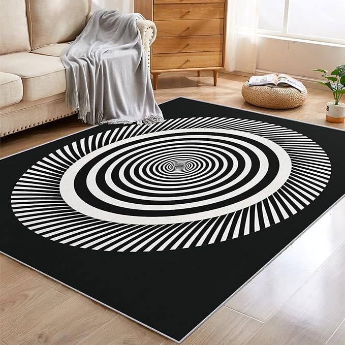 Black and White Circle Rugs for Home Decor, 5x7 ft, Abstract Op Art Area Rugs for Living Room, Soft Non Slip Washable Modern Geometric Carpet Bedroom Decorations Dt-Ghf-31