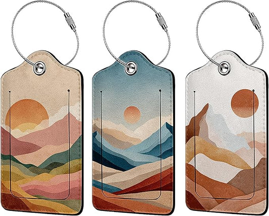 Boho Sun Mountains 3 Pack Luggage Tags, PU Leather Luggage Tags for Suitcase,Name ID Labels with Privacy Cover Suitcases and Metal Loop for Travel Bag Suitcase