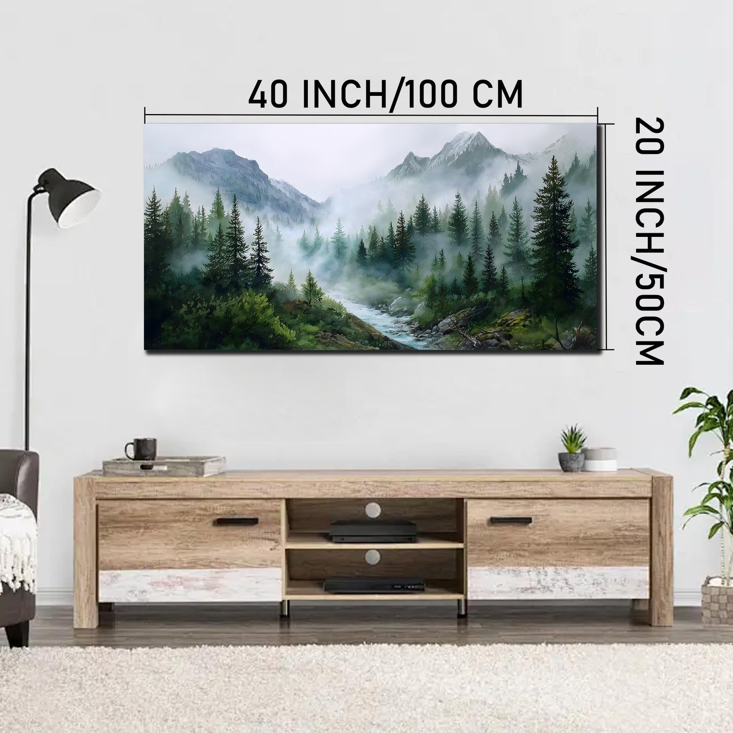 Trogonup Large Misty Forest Wall Art for Living Room Green Mountain Landscape Canvas Prints with Trees and River Modern Nature Artwork for Bedroom Office Home Decor 20"x40"