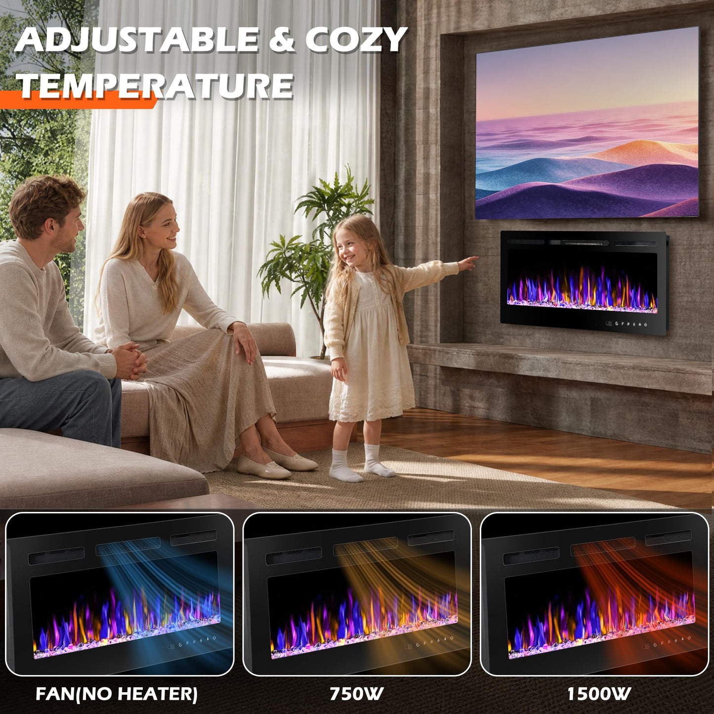 BETELNUT 36" Electric Fireplace Wall Mounted and Recessed with Remote Control, 750/1500W Ultra-Thin Wall Fireplace Heater W/Timer Adjustable Flame Color and Brightness, Log Set & Crystal Options