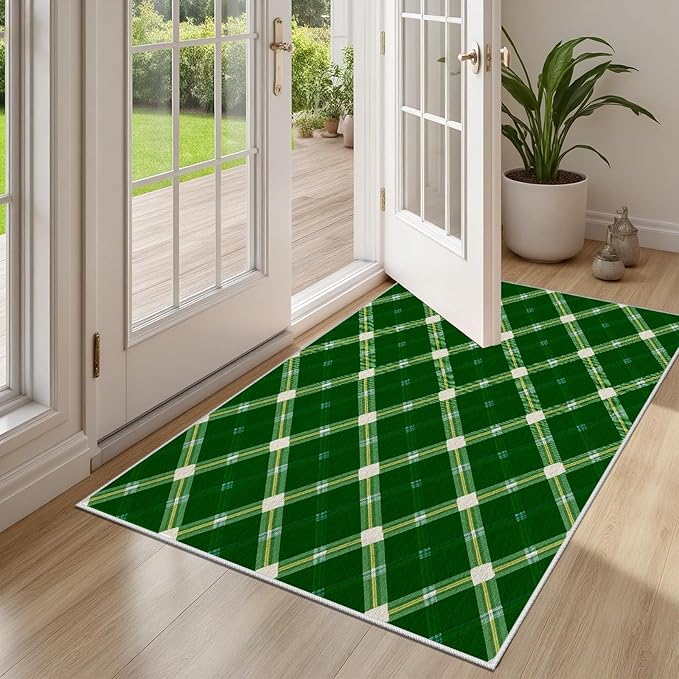 Plaid Rug - 4x5 Rug for Living Room, Geometric Stripes Soft Neutral Indoor Floor Carpet, Non-Slip Stain Resistant Modern Washable Rugs for Bedroom, Green Area Rugs