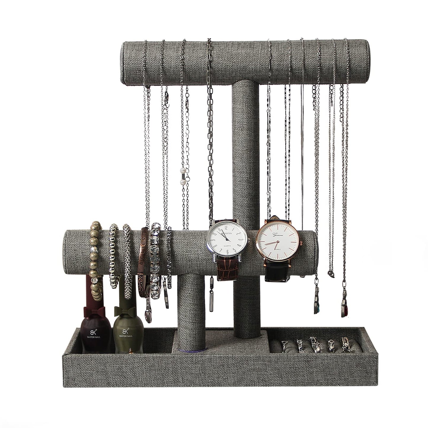 Coward 2 Tier Necklace Bracelet Holder Organizer with Ring Tray, Linen Jewelry Display Stand for Watch Scrunchie Lipstick, Perfumes,Nail polish (Gray Linen)