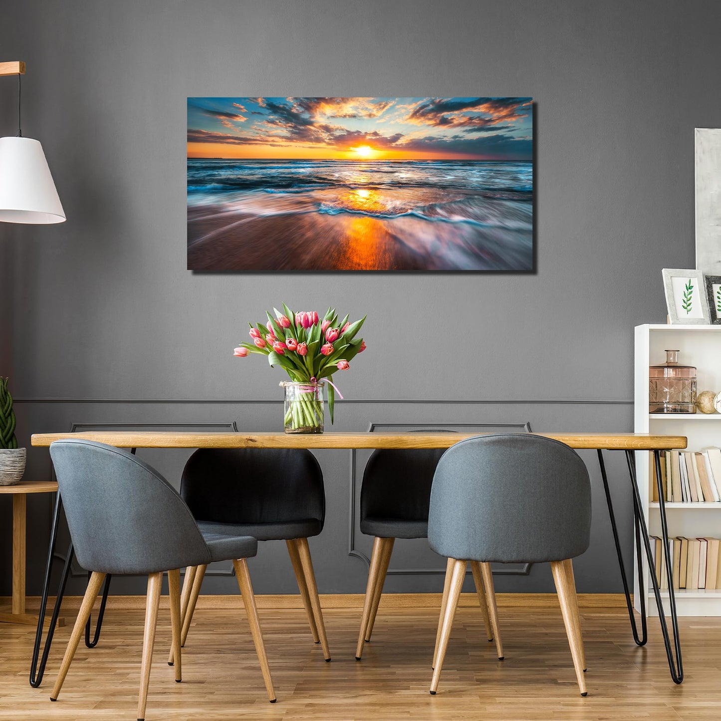 GUGIKA Sun Wall Art for Living Room, Blue Wave and Large Coastal Beach Wall-Decor for Bedroom, Gold Sun Scenery Poster Canvas Print, Size 40 x 20 Inches