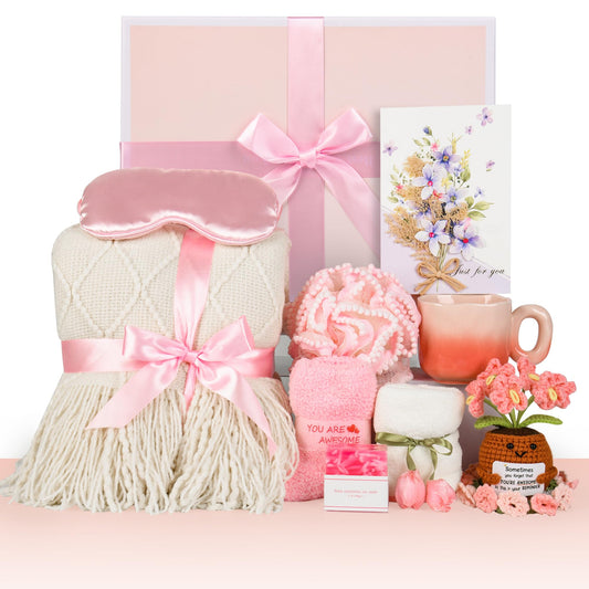 Kovtesiu Birthday Gifts for Women, Knitted Tassel Throw Blanket Pink Gift Basket with Handmade Crocheted Potted Plants and Flower Coasters, Inspirational for Mom Her Wife Friend Grandma