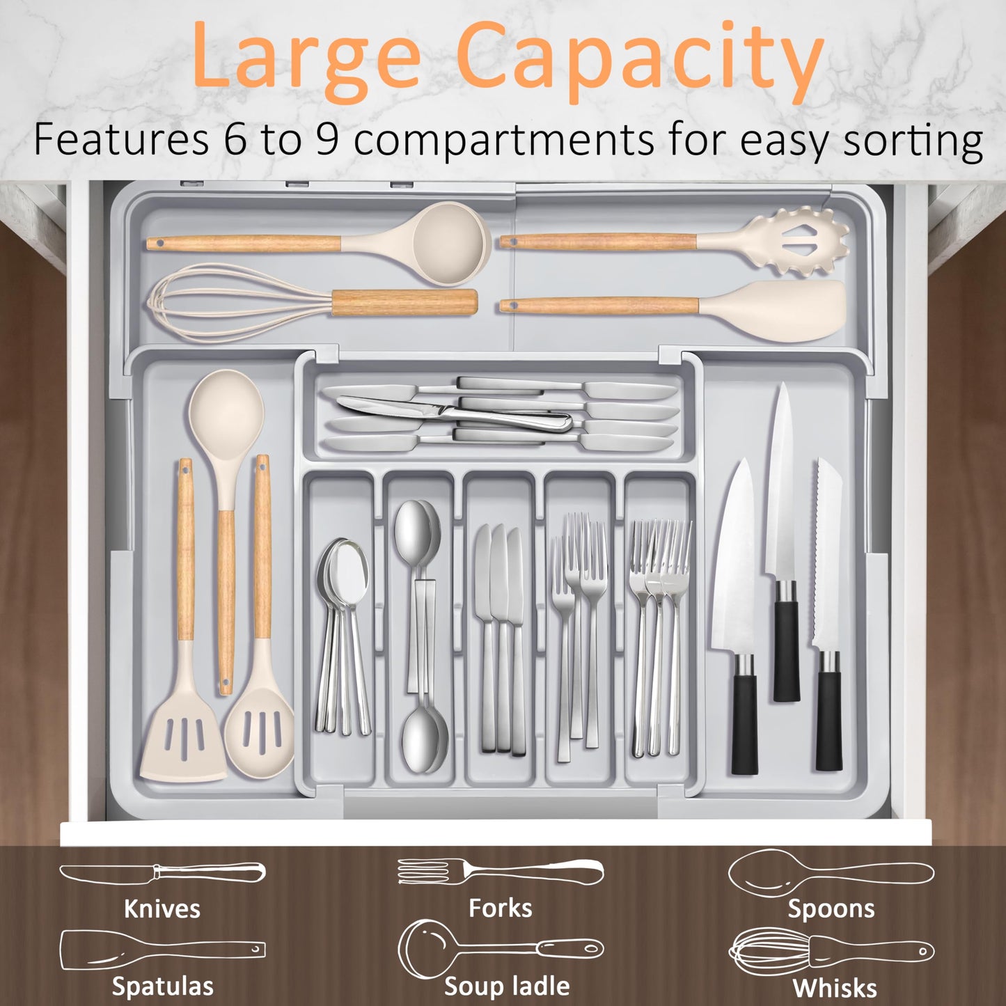Silverware Organizer Expandable Kitchen Drawer Organizer Adjustable 22"x 19" Utensil Organizer with Rubber Feets Cutlery Drawer Organizer for Spoons Forks Knives Kitchen Organizers and Storage Grey