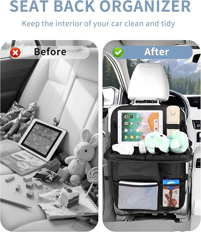 Backseat Car Organizer with Touch Screen Tablet Holder, Storage Pockets, Foldable Food Tray, Kick Mats Back Seat Protector, Travel Accessories for Kids and Adults (Upgraded Rear Organizer-1pcs)