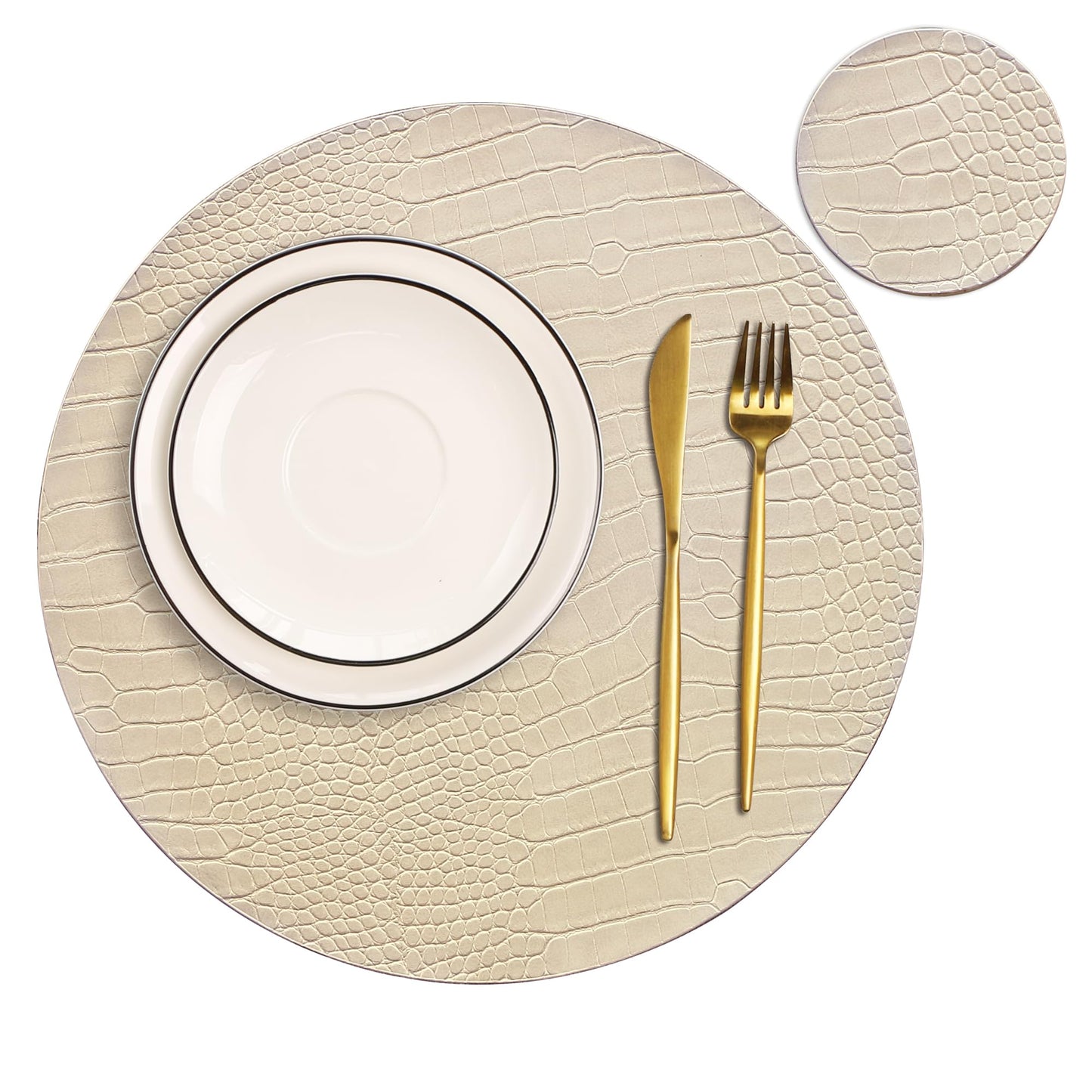 Jovono Round Leather Placemats for Round Tables Set of 8, Beige Place Mats and Coasters, Wipeable Waterproof Heat Resistant Table Mats Easy to Care for Indoor Decor 14 inch Diameter