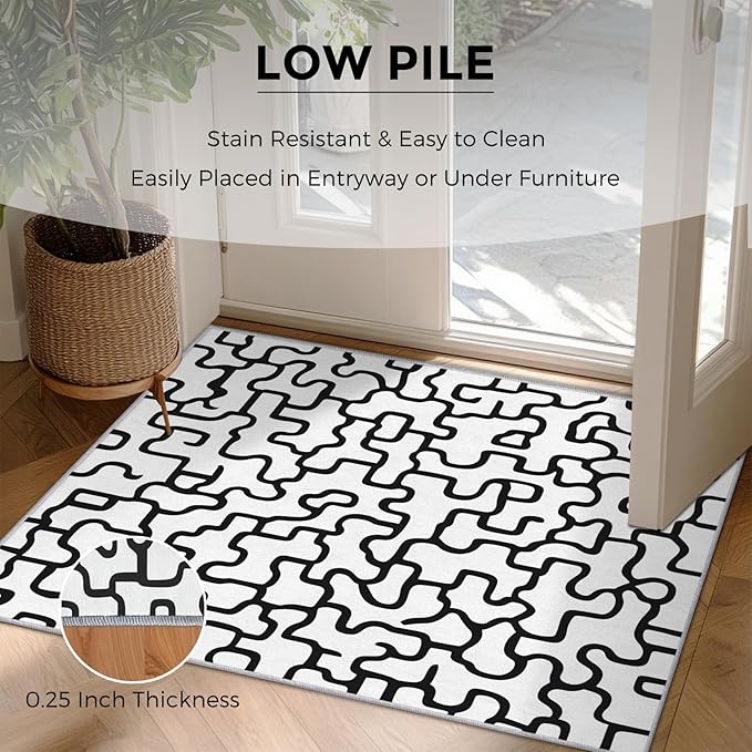 Abstract Geometric Rugs for Home Decor, 5x6 ft, Black and White Labyrinth Area Rugs for Living Room, Soft Non Slip Washable Modern Abstract Line Carpet Bedroom Decorations Dt-Ghf-31