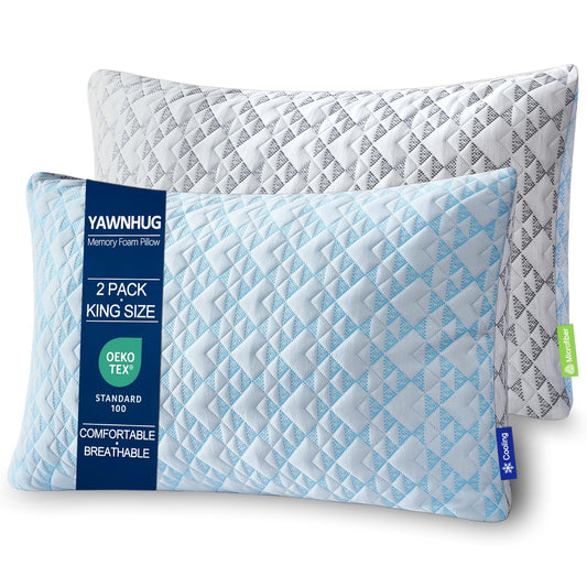 Yawnhug Cooling Shredded Memory Foam Pillows: Adjustable Bed Pillows for Hot Sleeping, King Size Set of 2, Customizable Loft & Firm Support for Side Back Stomach Sleepers