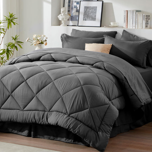 Newspin Queen Comforter Set Dark Grey - Bed in a Bag Queen Size 8 Pieces, All Season Bed Set, Fluffy Comforter Set with Sheets, Sheet Set Quilt Blanket, Pillowcases & Shams & Bed Skirt