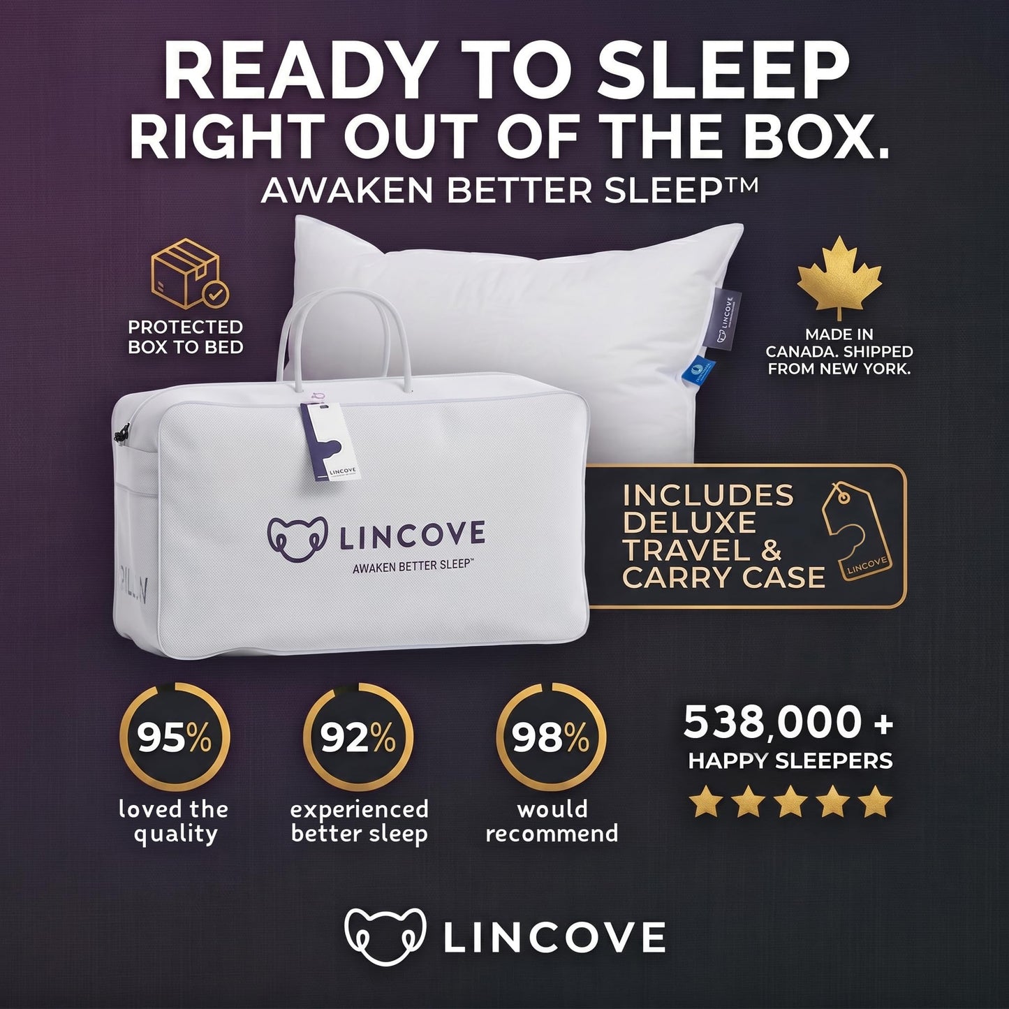 Lincove Cloud Natural Canadian Down Pillow, White Luxury Sleeping Pillow - 625 Fill Power, 100% Cotton Shell, 500 Thread Count, Made in Canada, Queen - Soft, 1 Pack
