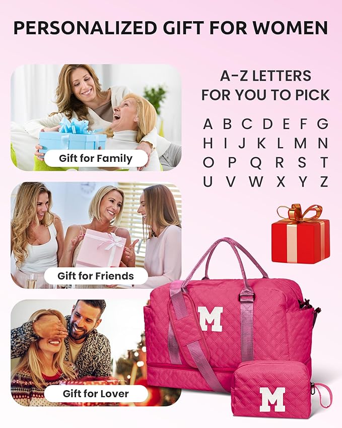 Vogewood Womens Gifts for Birthday-Initial Travel Bag with Shoe Compartment, Personalized Weekender Bag, Monogram Overnight Bag for Women, Letter Travel Bag with Makeup Bag Ladies Gifts (Letter S)