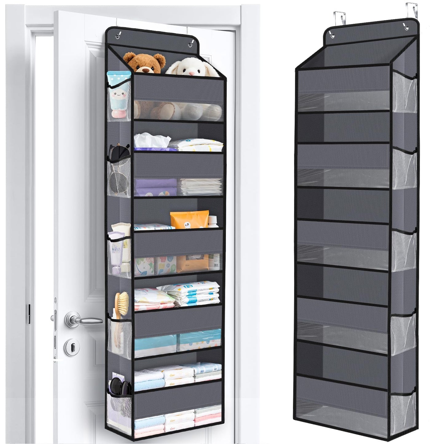 WISELIFE Over the Door Organizer Storage with 5 Large Pockets and Clear Windows, Hanging Organizer for Nursery Bedroom Bathroom Pantry Closet and Baby Essentials, Dark Grey