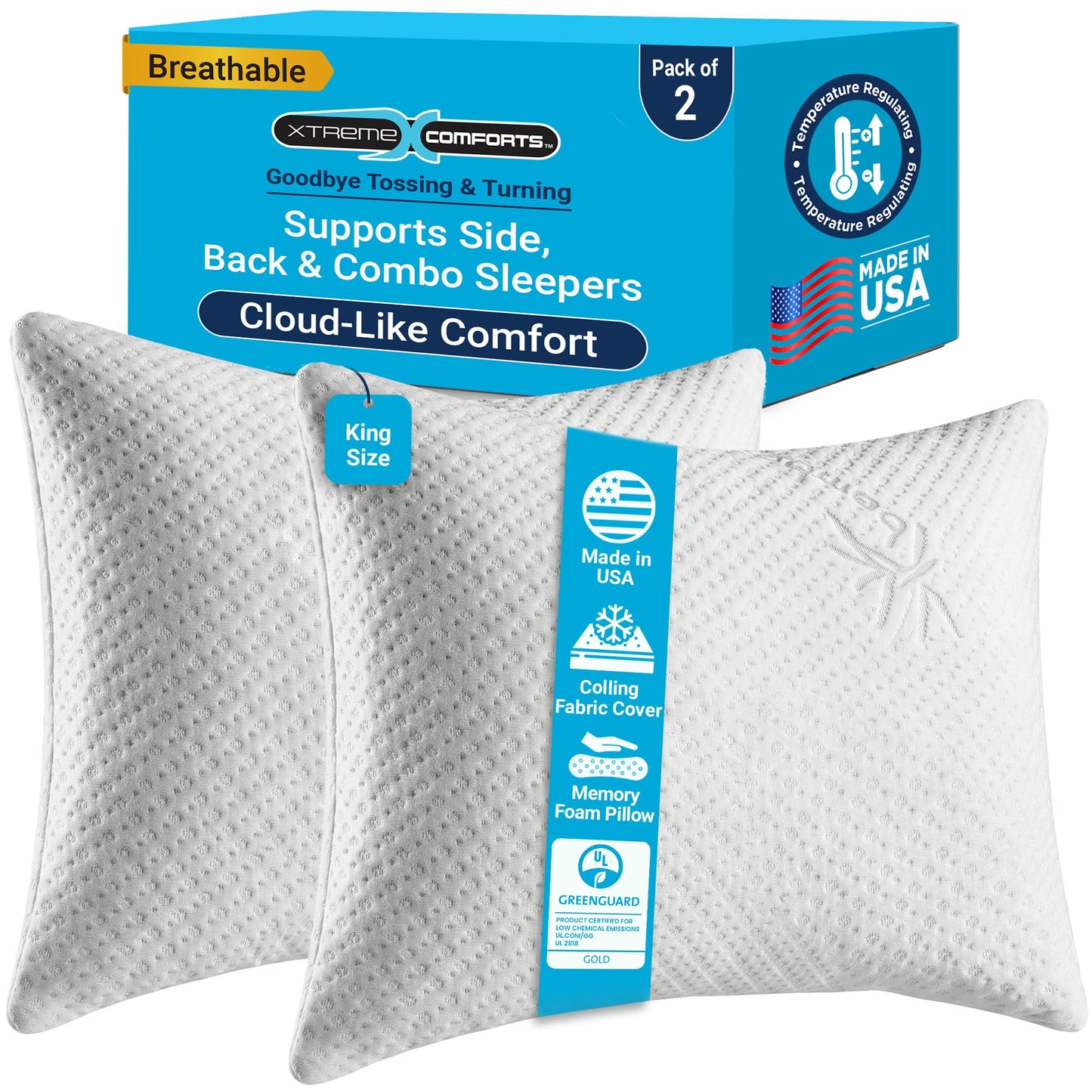 Xtreme Comforts Memory Foam Pillows | GREENGUARD Certified Shredded Foam Fill for Personalized Support | Slim Cooling King Bed Pillows for Side, Back & Stomach Sleepers | Pillows King Size