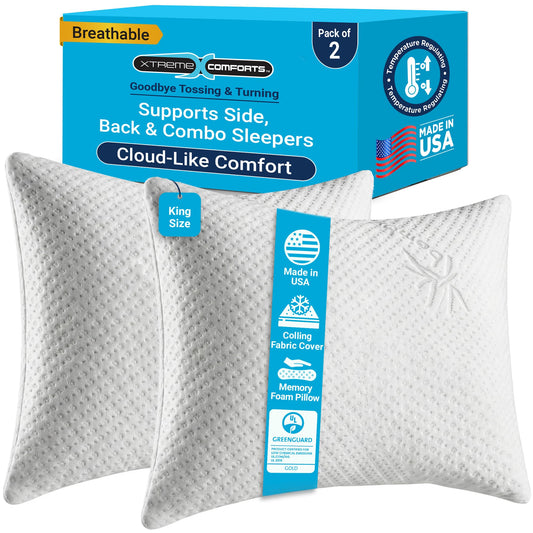 Xtreme Comforts Memory Foam Pillows | GREENGUARD Certified Shredded Foam Fill for Personalized Support | Slim Cooling King Bed Pillows for Side, Back & Stomach Sleepers | Pillows King Size