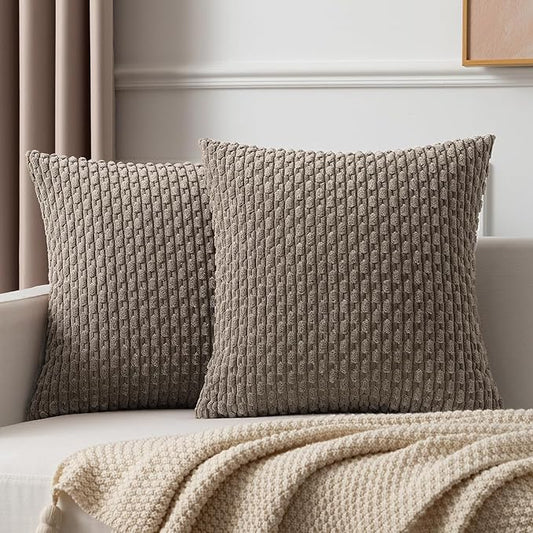 Kevin Textile Pack of 2 Corduroy Decorative Throw Pillow Covers 22x22 Inch Soft Boho Striped Pillow Covers Modern Farmhouse Home Decor for Spring Sofa Living Room Couch Bed Light Brown