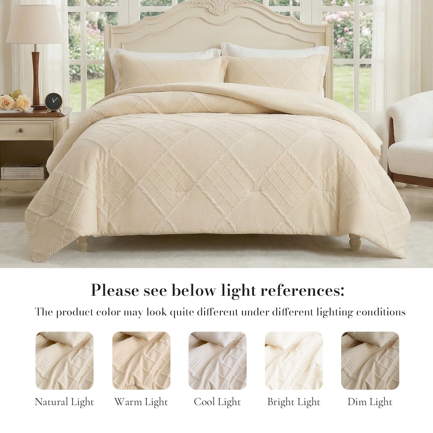 Amélie Home Queen Comforter Set, 3 Piece Beige Jacquard Bedding Set with 2 Pillow Cases, Soft Microfiber Diamond Design, Lightweight All-Season for Bedroom & Dorm