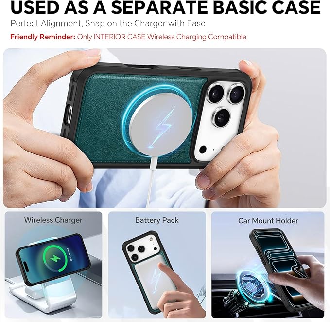 TUCCH Removable Case Wallet for iPhone 17 Pro (6.3") 2025, Detachable Wrist Strap, Wireless Charging, Stand, 4 Card Slots RFID Blocking, 2-in-1 Magnetic, PU Leather Shockproof Cover, Teal Blue