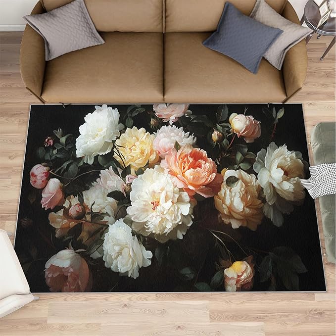 Flowers 4x6 Area Rugs for Living Room Peony Washable Rug Rustic Flowers Rug Non Slip Low Pile Soft Area Rugs for Bedroom Bedside Dining Room Kids