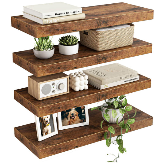 Fixwal Wood Floating Shelves, Wall Shelves Set of 4, Shelves for Wall Decor, with Invisible Brackets for Bathroom, Living Room,Bedroom and Kitchen(15.7in, Rustic Brown)