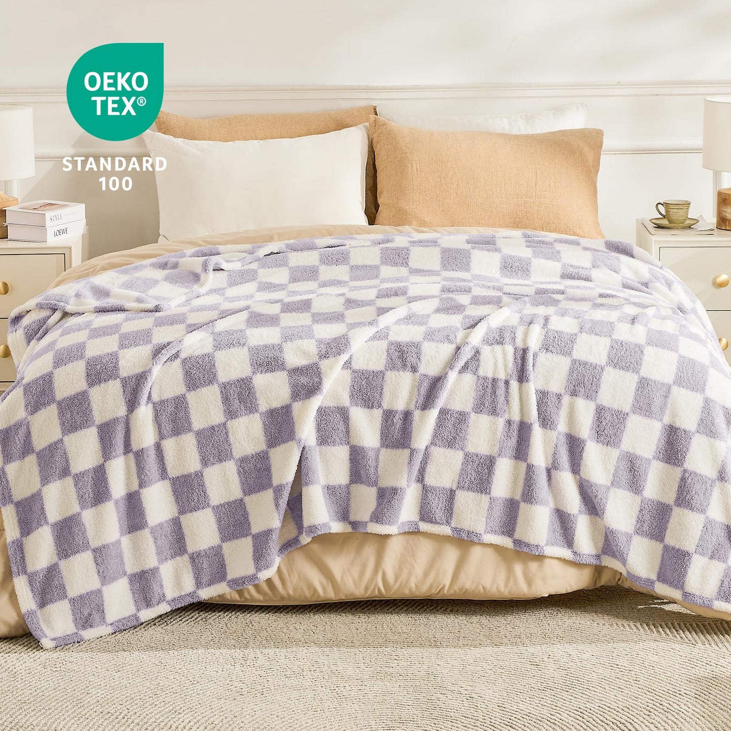 EMME Checkered Blanket Throw - 50"x60" Lavender Knit Blanket Soft Fluffy Patterned Throw Blankets for Couch, Sofa, Chair, Bed, Camping, Picnic, Travel