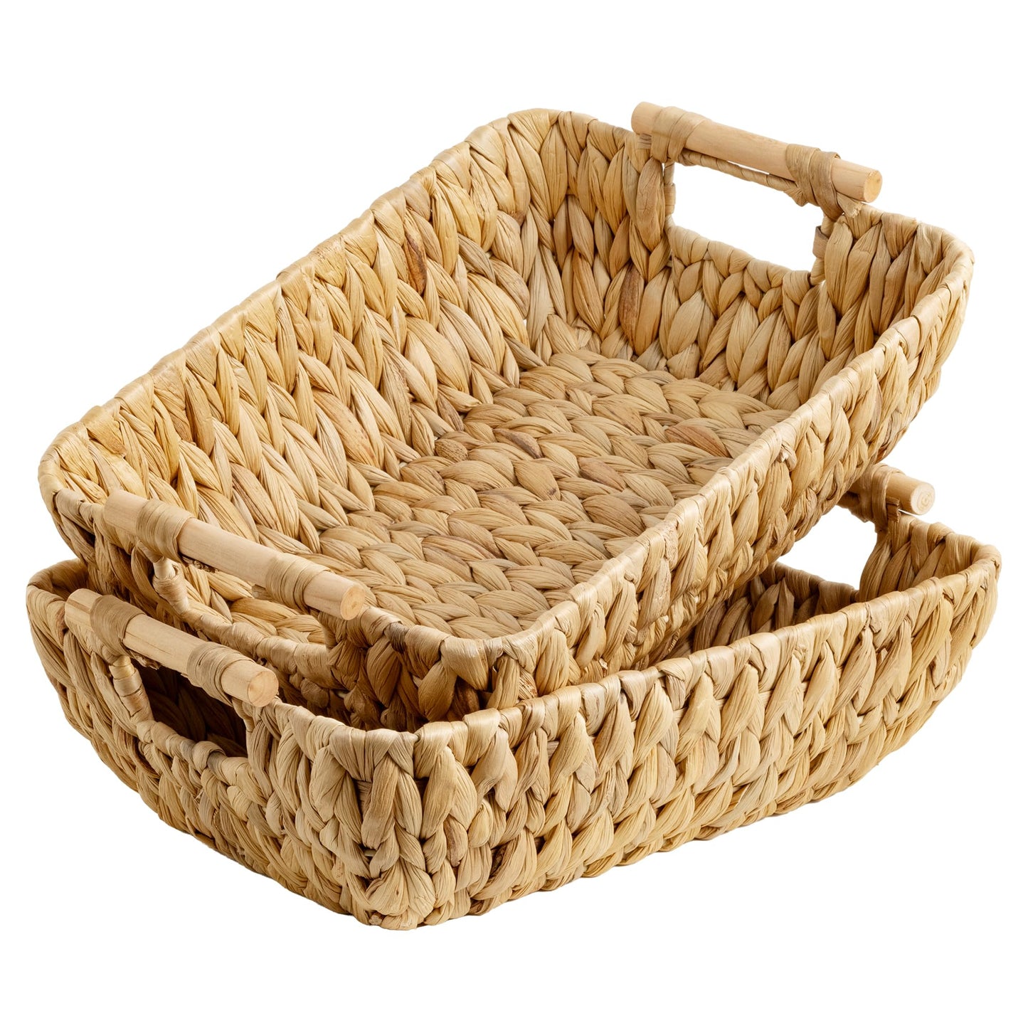 StorageWorks Hand-Woven Large Storage Baskets with Wooden Handles, Water Hyacinth Wicker Baskets for Organizing, 2-Pack