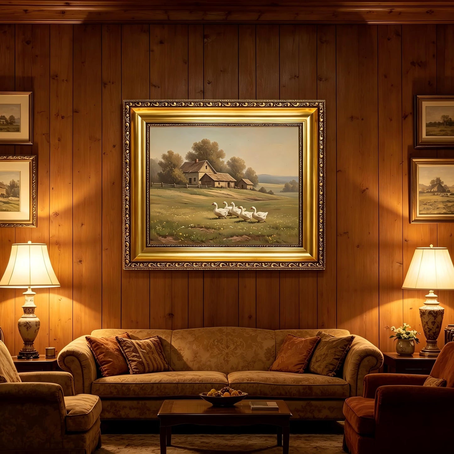 Gold Framed Vintage Landscape Canvas Wall Art farmhouse goose pictures