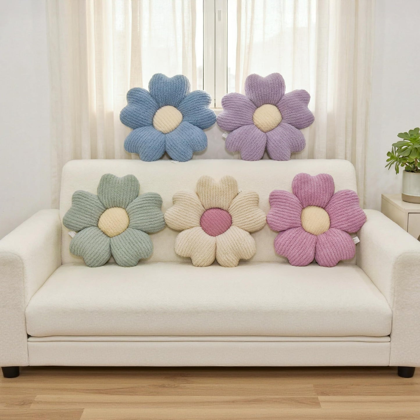 JZNEXD 2 Pcs Sage Green Decorative Throw Pillows, 15'' Cute Daisy Flower Shaped Pillow Floor Seating Cushion for Bed Couch Bedroom Room Dorm Decor (Sage Green & Ivory)