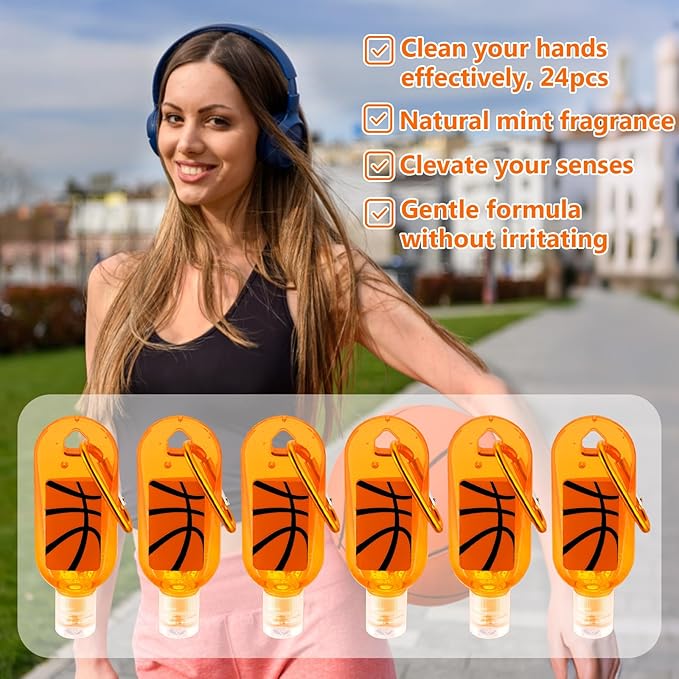 Kigeli 24 Pack Basketball Hand Sanitizers Keychain Bulk Gift Mini Travel Size Hand Sanitizer Gel Keychain Bulk Gift for Basketball Lovers Sports Team Birthday Party Favors
