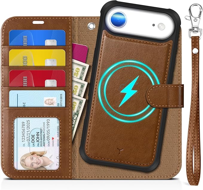 TUCCH Detachable Case Wallet for iPhone Air (6.5") 2025, Wrist Strap, 4 Card Holders RFID Blocking, Wireless Charging, Stand, 2-in-1 Magnetic, PU Leather, Shockproof Folio Cover, Brown