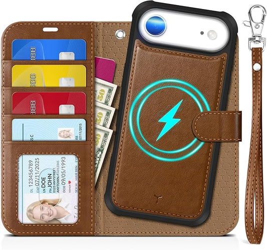 TUCCH Detachable Case Wallet for iPhone Air (6.5") 2025, Wrist Strap, 4 Card Holders RFID Blocking, Wireless Charging, Stand, 2-in-1 Magnetic, PU Leather, Shockproof Folio Cover, Brown