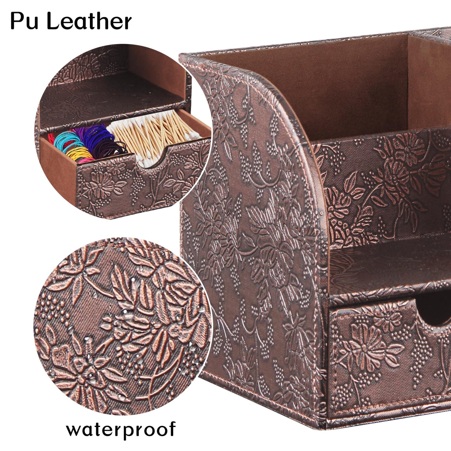 Fanousy Square Tissue Box Cover with Drawer Storage and Tray on Top, PU Leather Tissues Cube Boxes Holder, Modern Nightstand Organizer Caddy, Remote Control Holder for Bathroom, Bedside, Office, Home